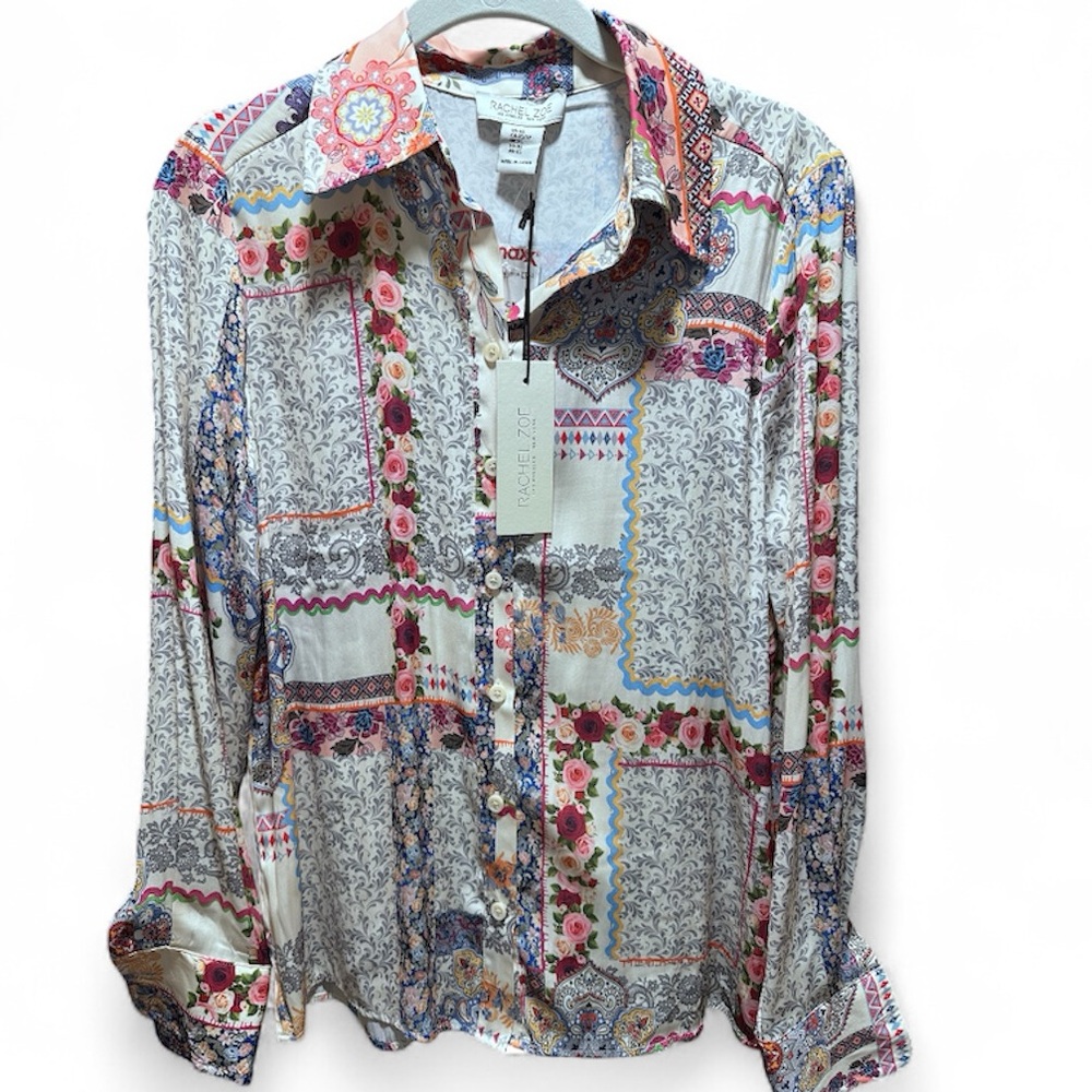NWT Rachel Zoe Pink and Blue Silky Button Down Shirt with Artistic Design XS